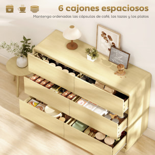 Aparador con 6 Cajones, Cajonera con Bordes Redondeados, Cómoda, Aparador para Salón, Cocina, Entrada, Oficina, Natural, 120x38x86 cm