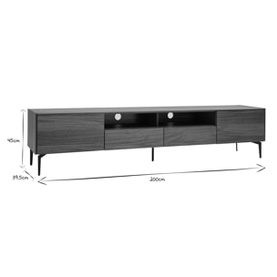 Meuble TV design bois foncé noyer et métal noir 2 portes 2 tiroirs L200 cm BLISS