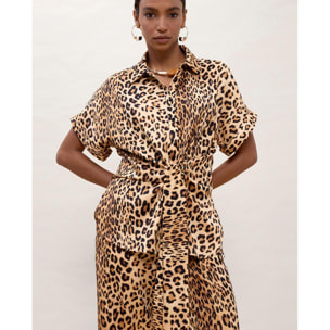 Camicia a maniche corte con nodo e stampa animalier