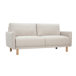 Canapé design 3 places en tissu effet velours texturé beige et bois clair BONO