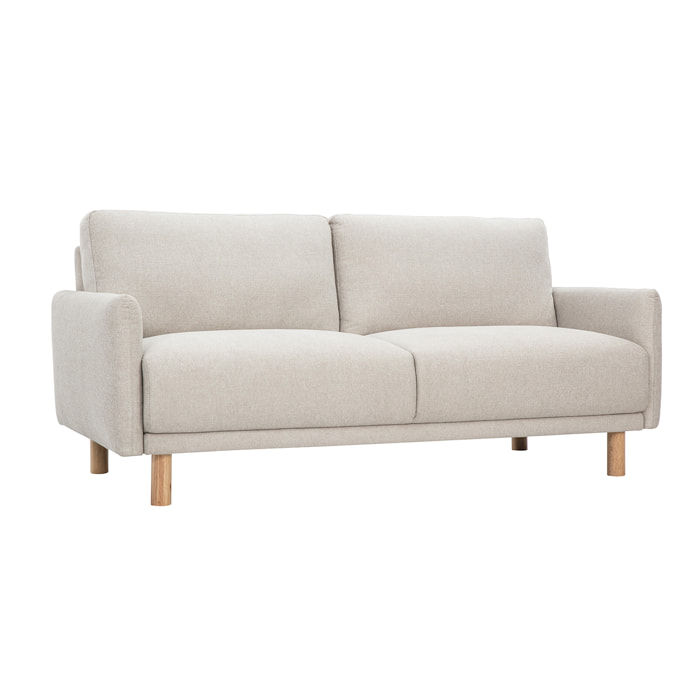 Canapé design 3 places en tissu effet velours texturé beige et bois clair BONO