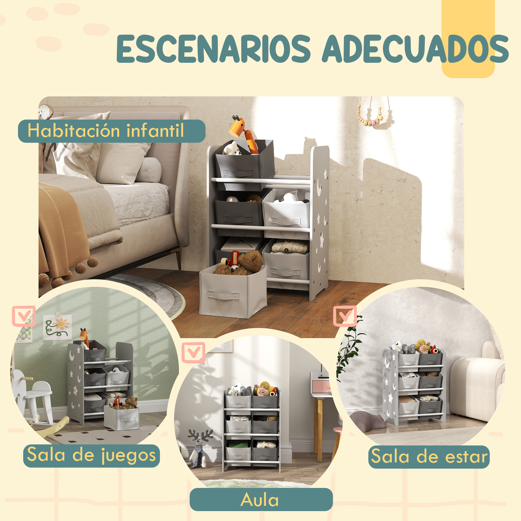 Estantería Infantil para Niños de +3 Años Estantería para Juguetes con 6 Cajas de Tela no Tejida Extraíbles Organizador de Juguetes para Dormitorio Guardería 43x30x60 cm Gris