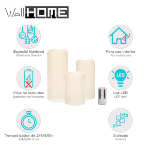 juego de 3 velas led tamaños diferentes y parpadenates con mando a distancia en color marfil