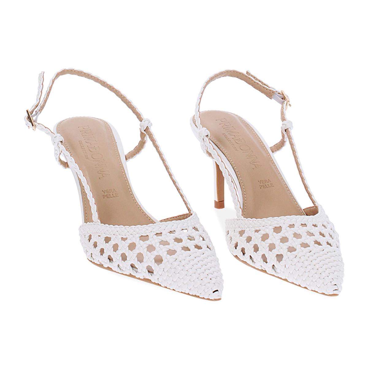 Décolleté slingback donna bianche con intreccio, tacco 7 cm