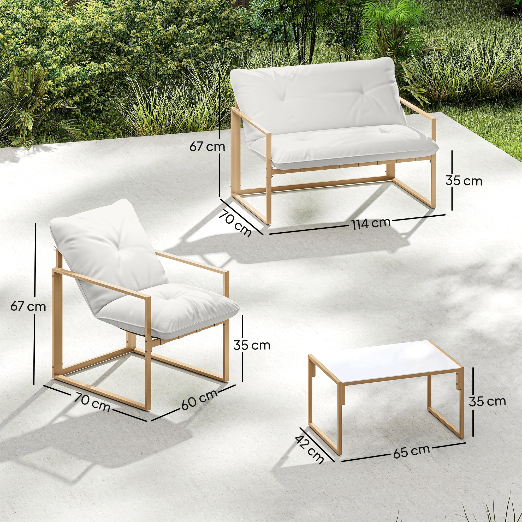 Salon de jardin extérieur 4 pièces avec coussins ultra-épais 15cm - ensemble mobilier de jardin et salon bas pour terrasse - canapé 2 places avec table basse et 2 fauteuils, cadre acier kaki