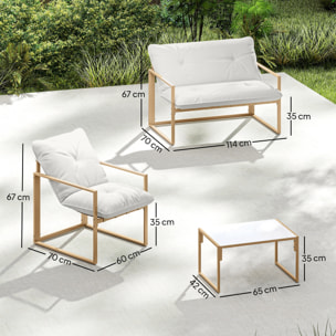 Salon de jardin extérieur 4 pièces avec coussins ultra-épais 15cm - ensemble mobilier de jardin et salon bas pour terrasse - canapé 2 places avec table basse et 2 fauteuils, cadre acier kaki