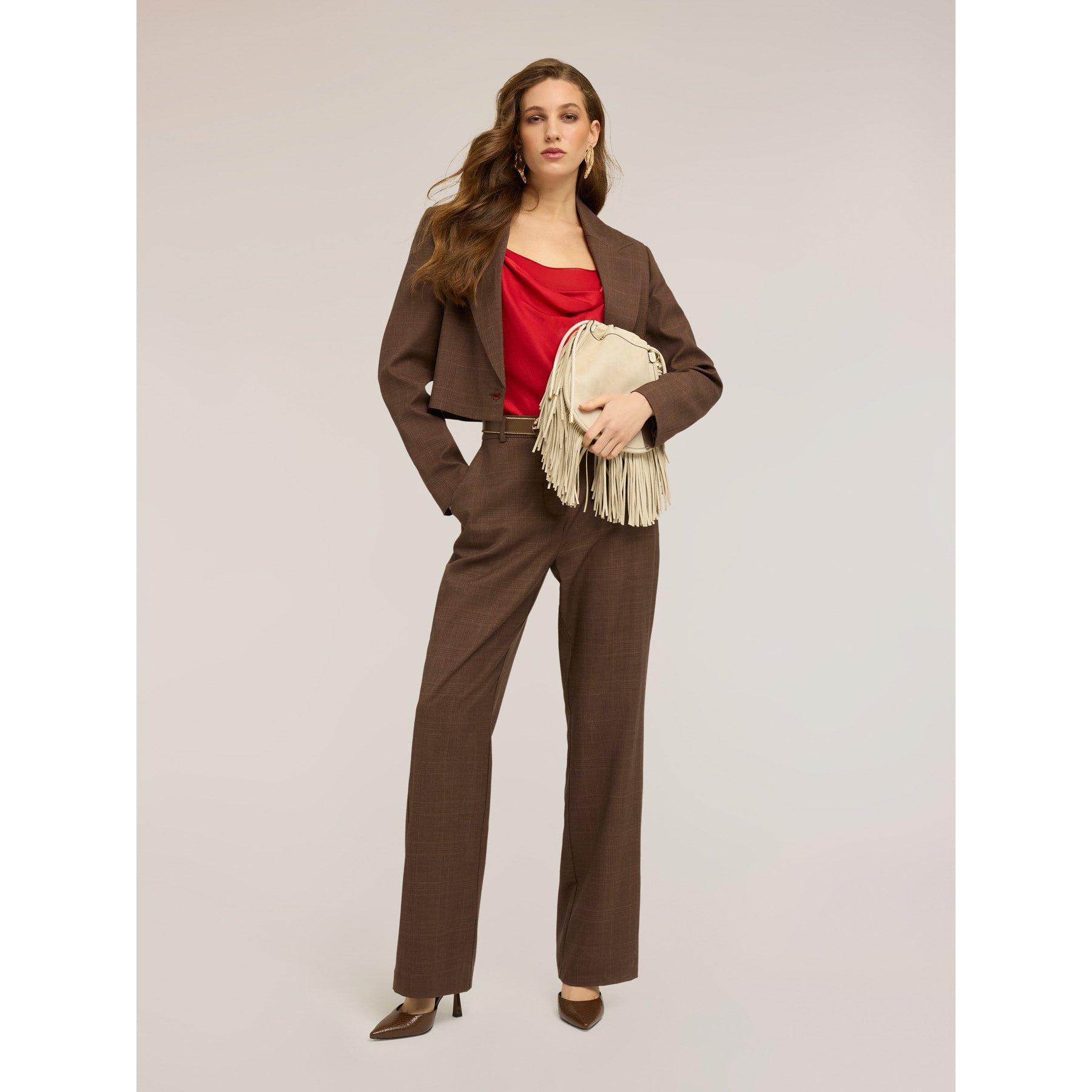 Motivi - Pantaloni palazzo in poliviscosa check - Marrone