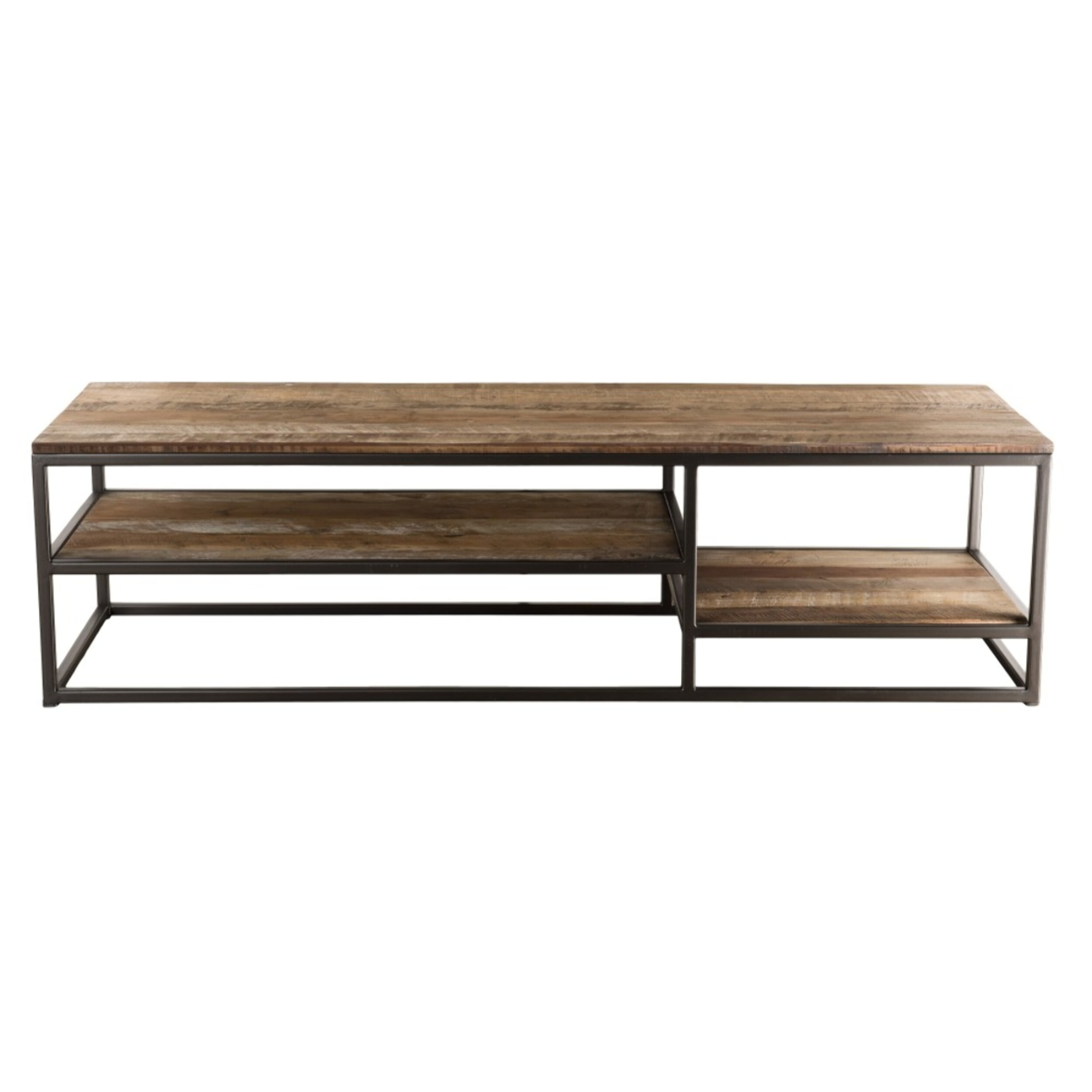 SIXTINE - Table basse rectangulaire marron avec tablettes Teck recyclé Acacia Mahogany recyclé et métal noir