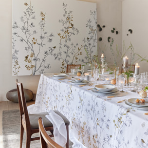 Nappe imprimée et brodée en lin, Made in France, MÉSANGES , noir et blanc