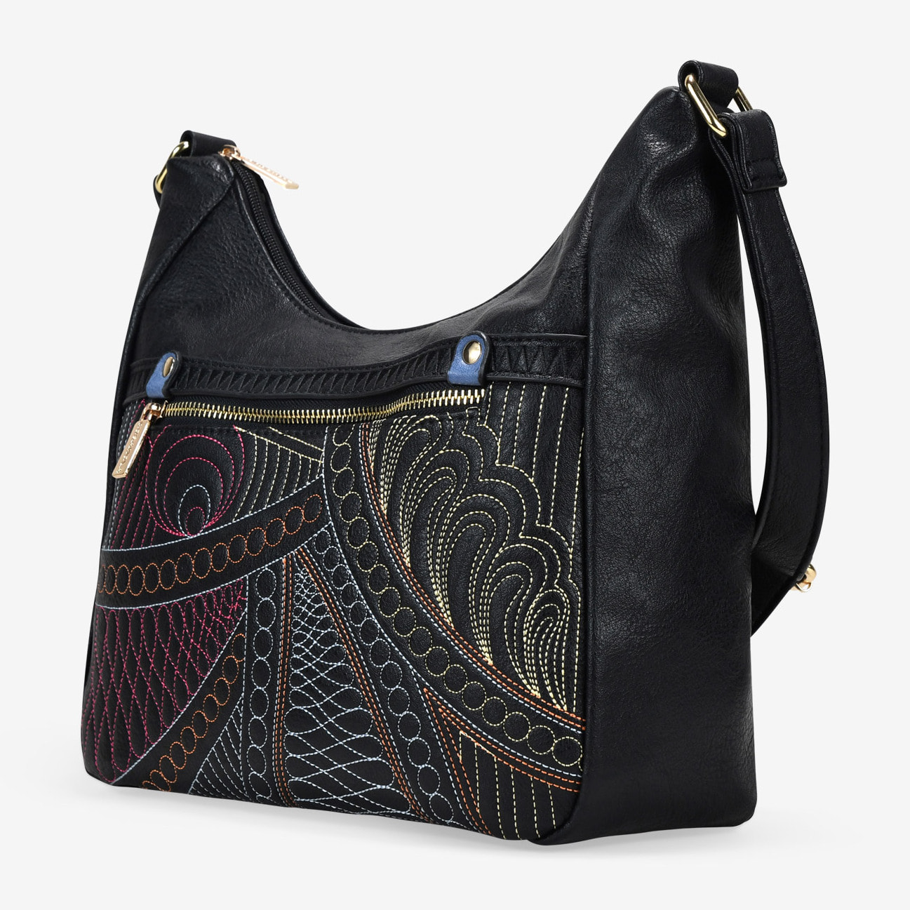 Bolso bandolera negro con cosidos y cremallera