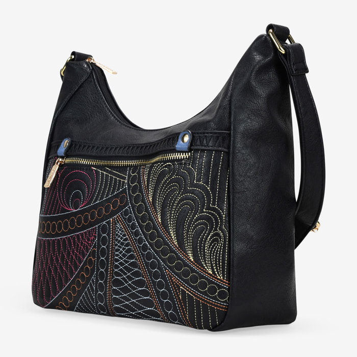 Bolso bandolera negro con cosidos y cremallera