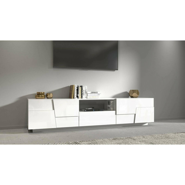 Mobile porta TV Dcortinovi, Credenza bassa da soggiorno con 4 ante e 1 cassetto, Base porta TV, 220x44h46 cm, Bianco lucido