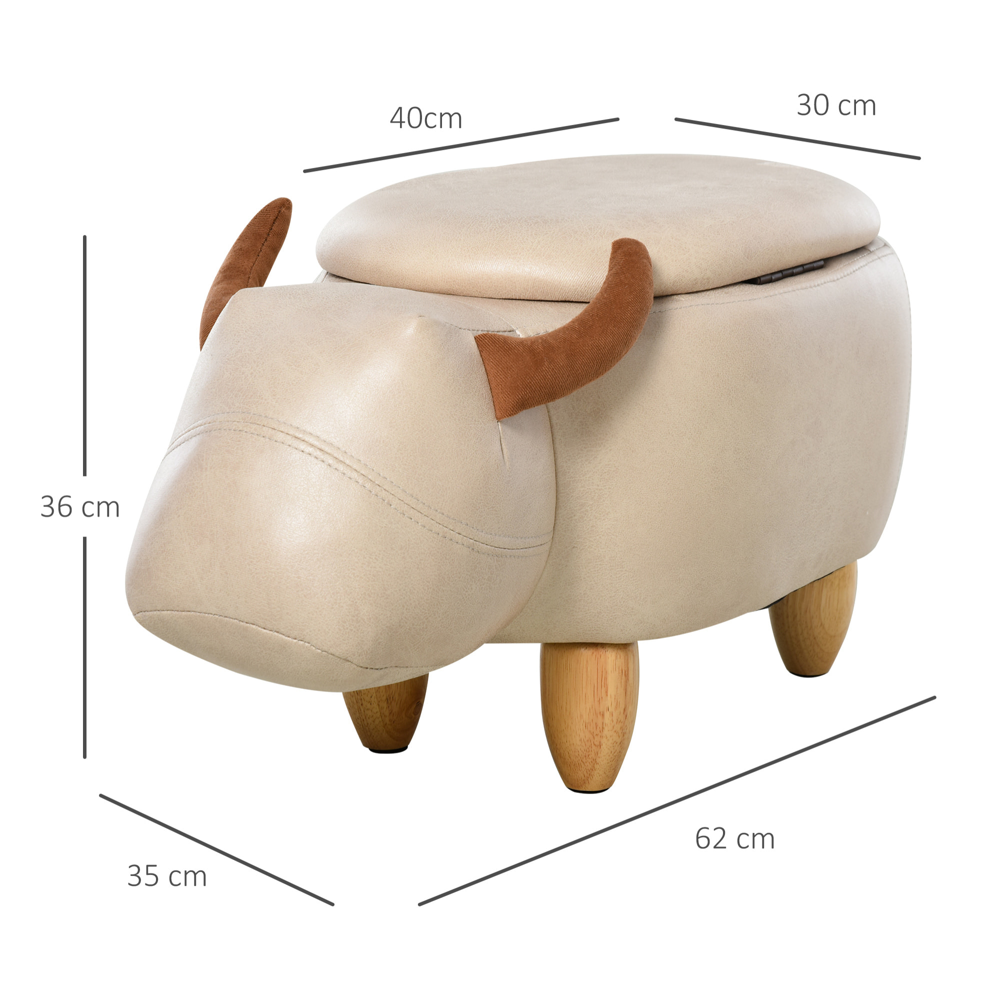 Tabouret vache - pouf vachette - pouf taureau coffre de rangement 2 en 1 - pieds bois d'hévéa revêtement synthétique crème