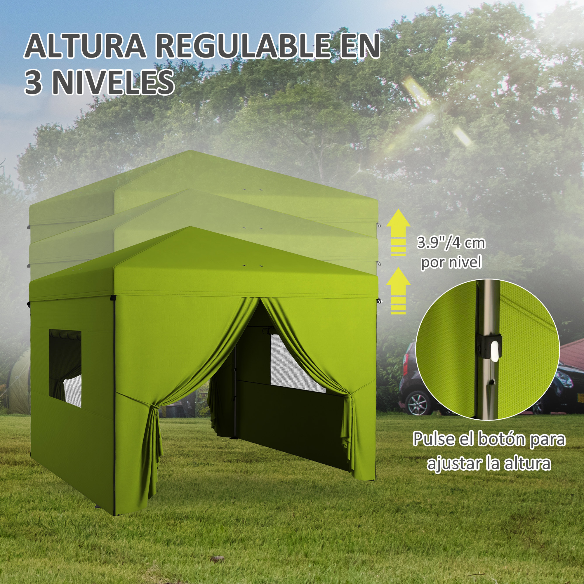 Carpa Plegable 3x3 m Cenador de Jardín con 4 Paredes Laterales 2 Ventanas de Malla Altura Ajustable Bolsa de Transporte Impermeable y Anti-UV para Camping Fiestas Verde