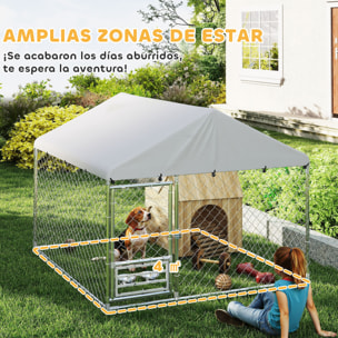 Perrera de Exterior con Techo 2x2x1,55 m Jaula para Perros de Acero Galvanizado con Techo Impermeable Soporte para Comida Giratorio y Ajustable 2 Cuencos para Perros Medianos y Pequeños