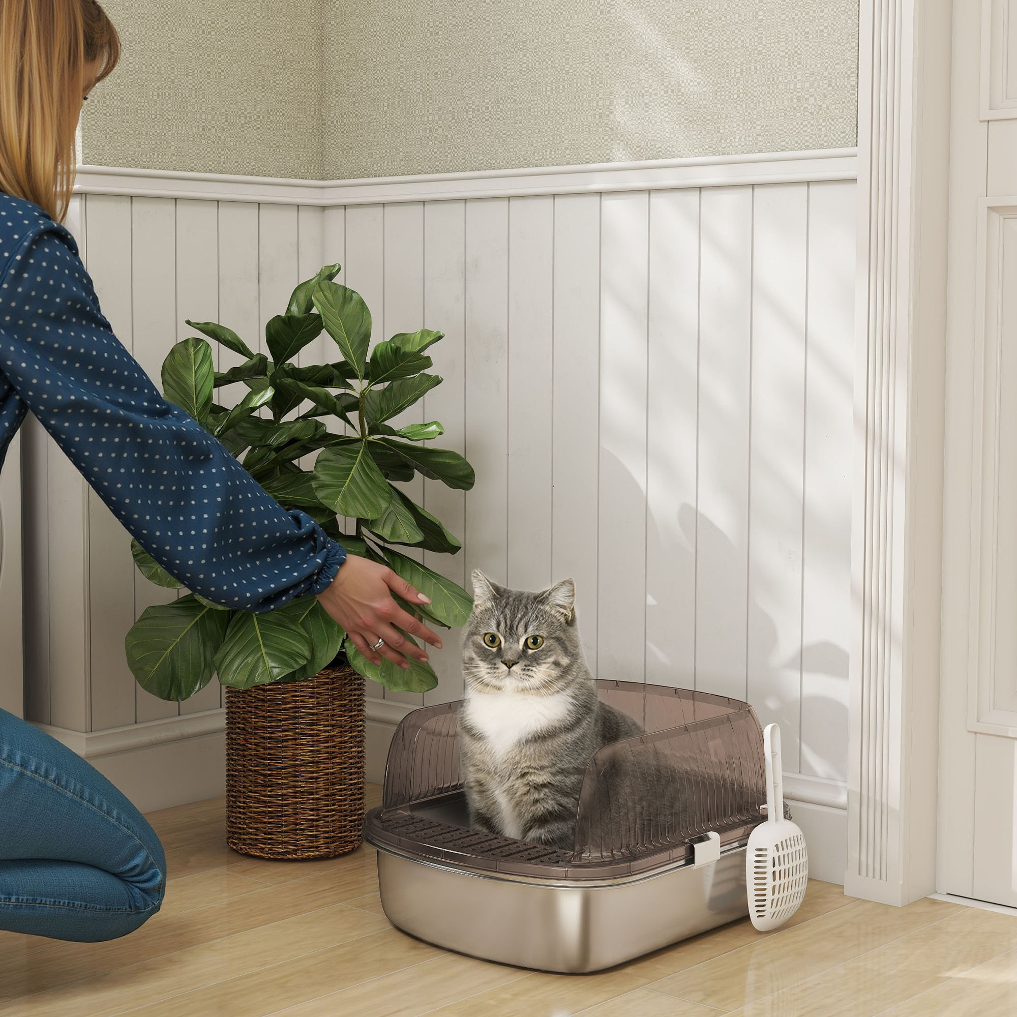 Arenero para Gatos Cubierto Extragrande Caja de Arena Cerrado con Bandeja de Acero Inoxidable Bordes Altos Pala y Zona para Caída de Arena sin Olor Fácil Limpieza para Gatos Grandes Gris