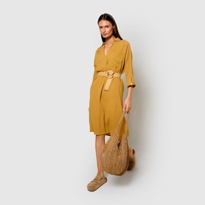 Vestido midi algodón lino ocre