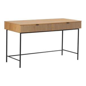 SCOTT - Bureau 2 tiroirs décor effet bois rainuré noir et naturel