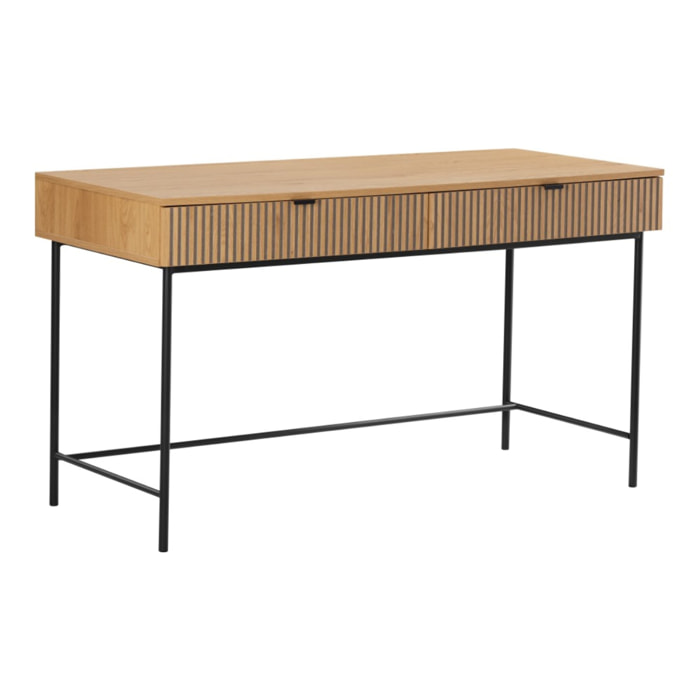SCOTT - Bureau 2 tiroirs décor effet bois rainuré noir et naturel