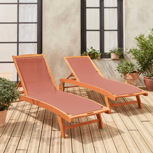 Bains de soleil en bois - Marbella Terra cotta - 2 transats en bois d'Eucalyptus huilé et textilène terra cotta