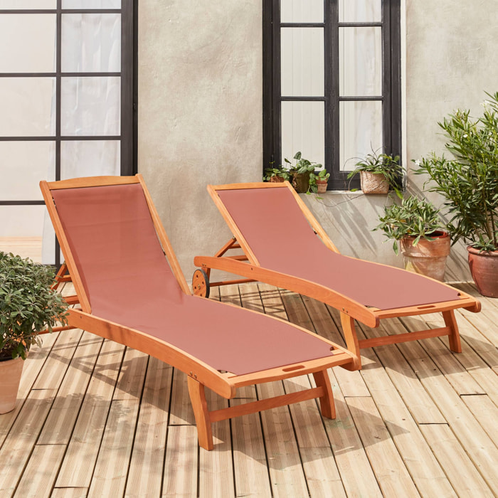 Bains de soleil en bois - Marbella Terra cotta - 2 transats en bois d'Eucalyptus huilé et textilène terra cotta