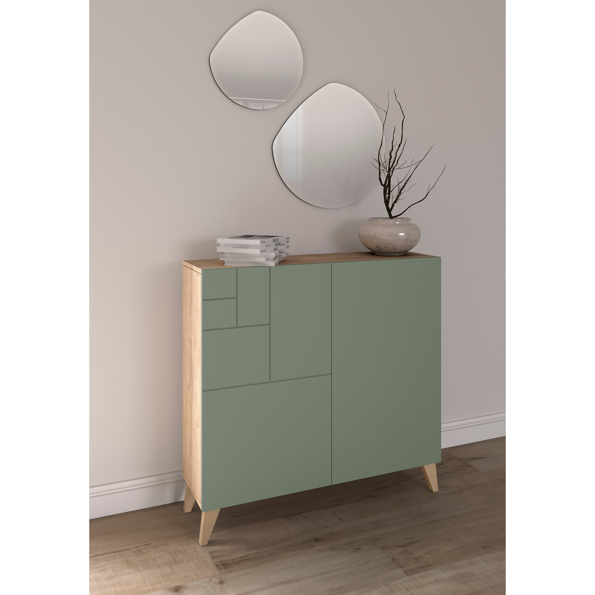 Zapatero Bergen melamina roble claro puertas verde patas roble cl 87x90x27cm