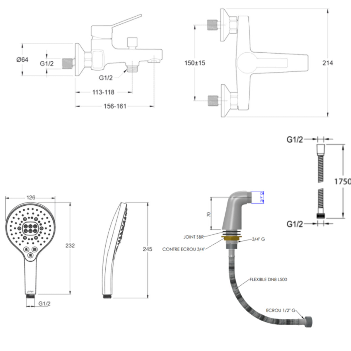 Mitigeur baignoire Eo + pommeau de douche Metro signature + flexible de douche métal + colonnettes Idro'Flex