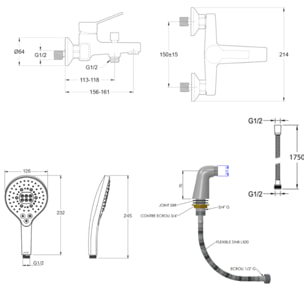 Mitigeur baignoire Eo + pommeau de douche Metro signature + flexible de douche métal + colonnettes Idro'Flex