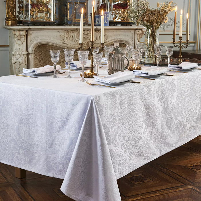 Nappe pur coton enduit motif jacquard blanc Mille isaphire blanc