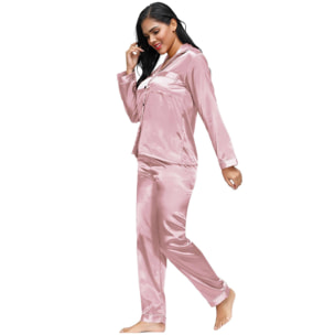 Conjunto de dos piezas ropa de dormir de seda clásica de manga larga rosa