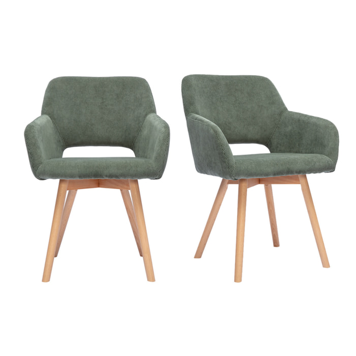 Chaises en tissu velours côtelé vert kaki et bois clair (lot de 2) LAURETTE