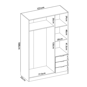 Guardaroba Cimone, Mobile appendiabiti per camera da letto, Armadio a 3 ante battenti e 3 cassetti, 121x52h184 cm, Bianco