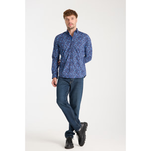 Camicia Uomo 1 Bottoni Button Down Slim Popeline Stretch Stampato Blu/Blu Avion