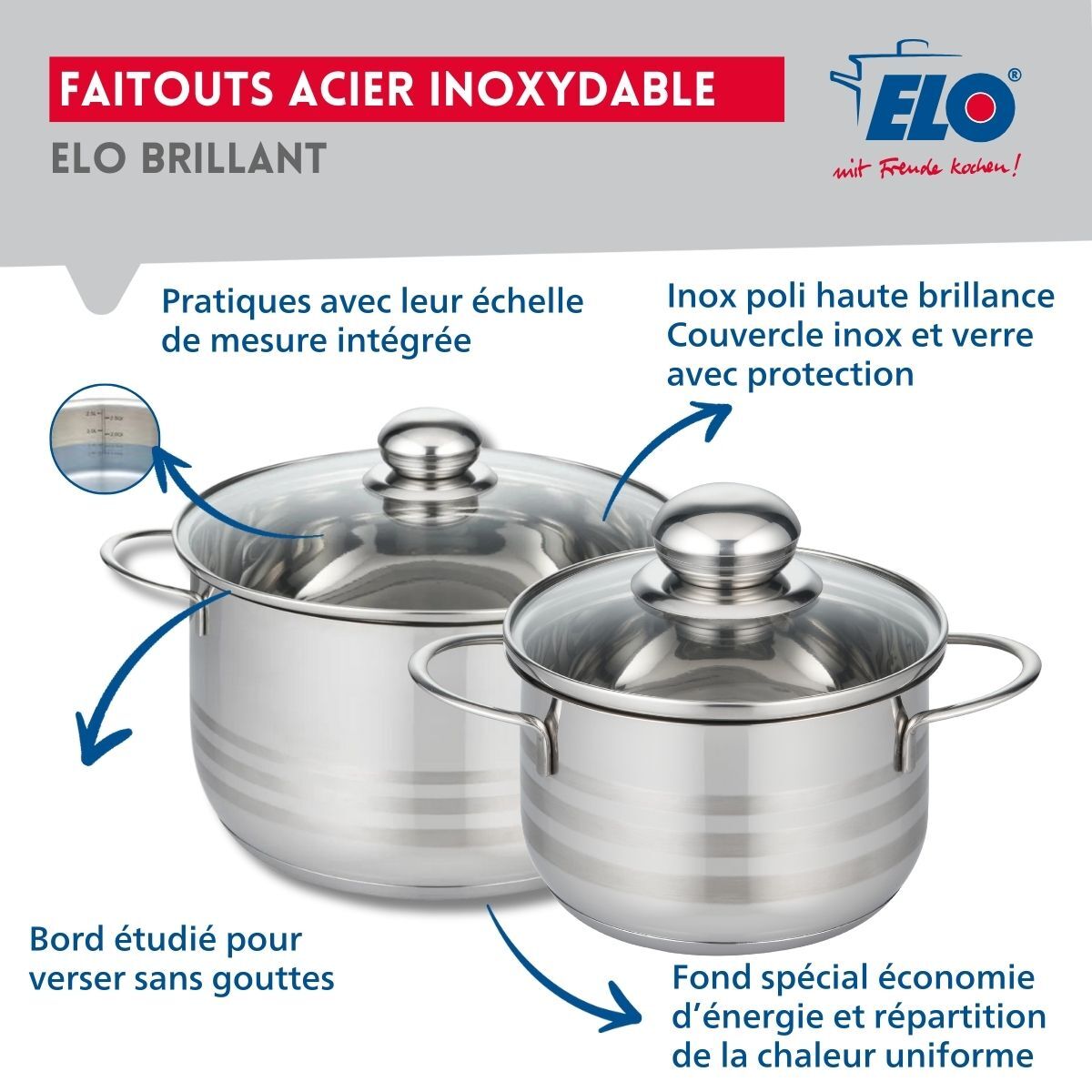 Lot de 3 faitouts en acier inoxydable sans PFAS Elo Brillant