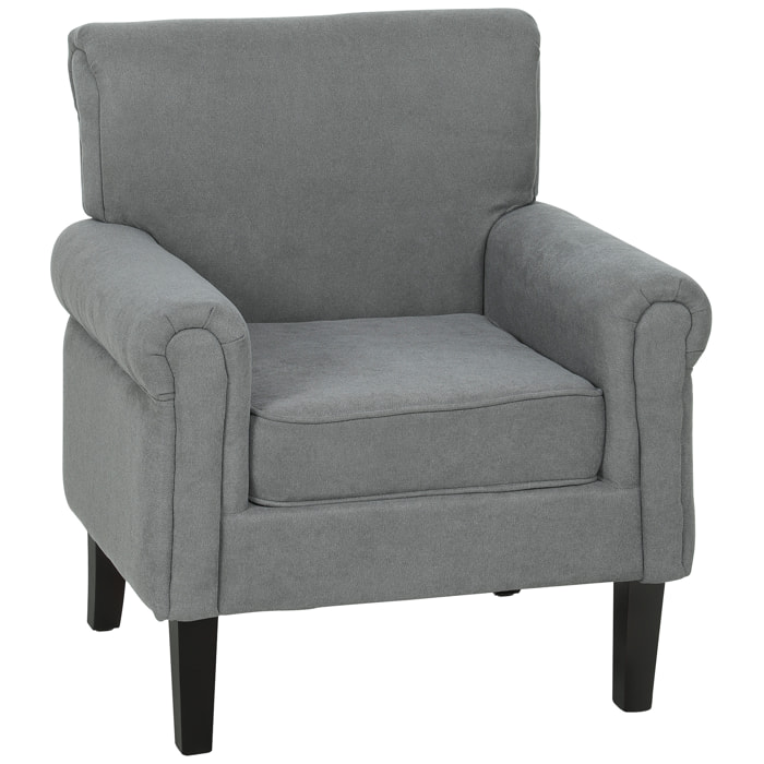Butaca de Salón Tapizada en Tela, Sillón Relax con Reposabrazos, Asiento Extraíble y Lavable, Patas de Madera, para Dormitorio, Balcón, Estilo Moderno, Carga 150 kg, 79x72,5x88 cm, Gris Oscuro