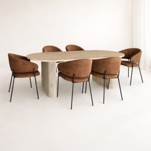 Ensemble table ovale effet bois 220cm et 6 fauteuils tissu terracotta QUITO
