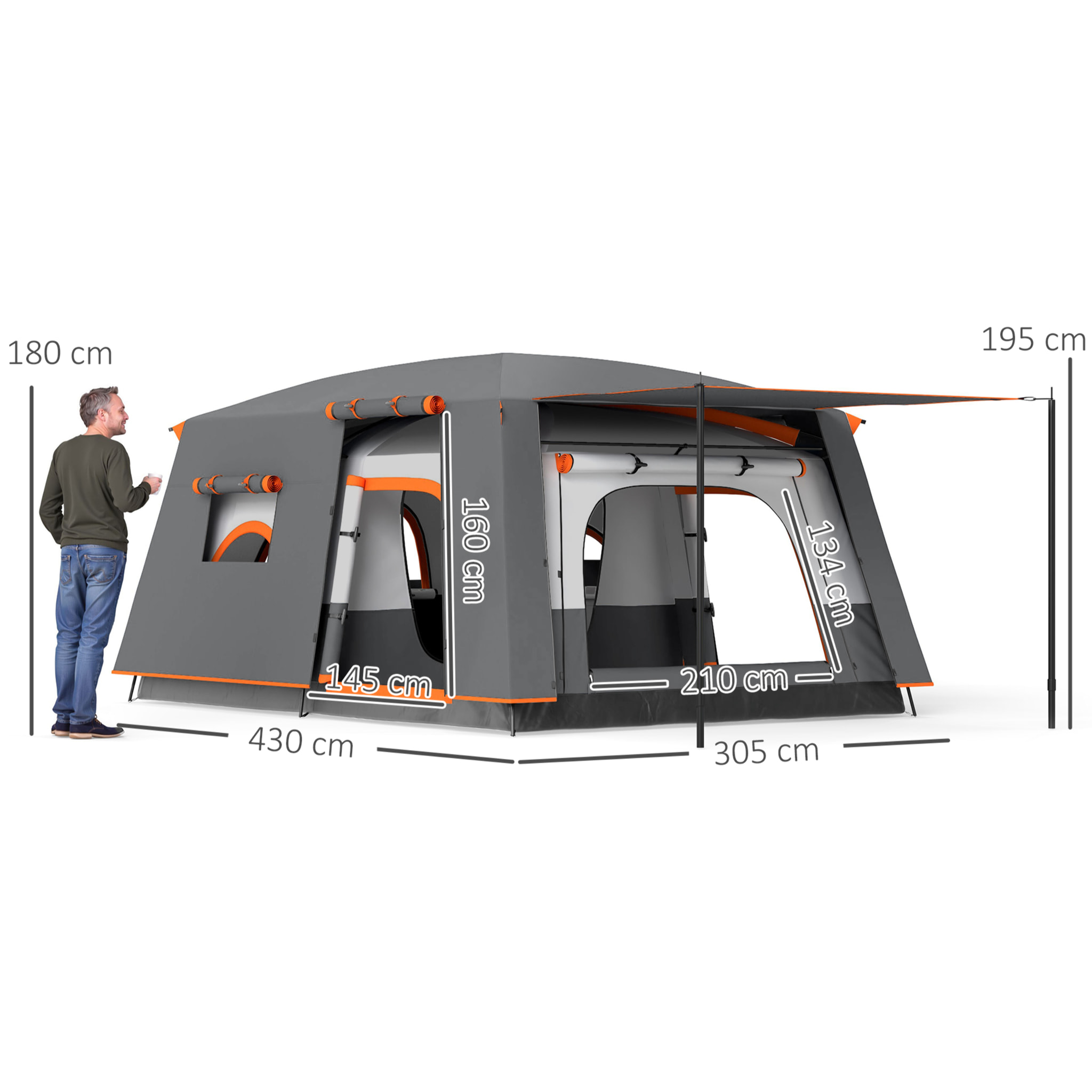 Tente de camping familiale 4-5 personnes - portes, fenêtres, sac de transport inclus - dim. 4,3 x 3 x 1,95 m - gris