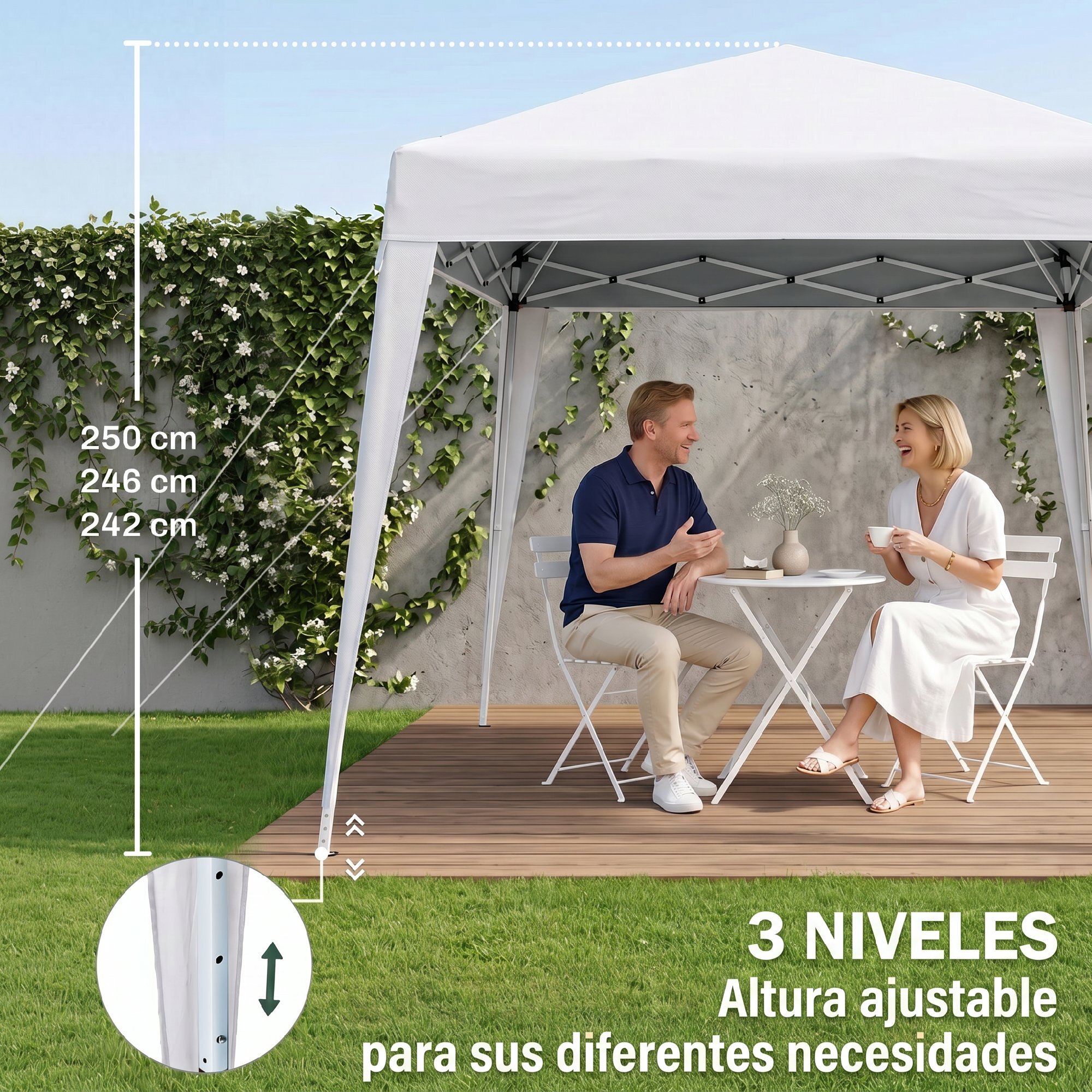 Outsunny Carpa Plegable 2,4x2,4 m, Pop-up, Cenador Pabellón de Jardín, Altura Ajustable con Bolsa de Transporte, Anti-UV, Impermeable, Gazebo para Camping, Fiestas, Exterior, Blanco