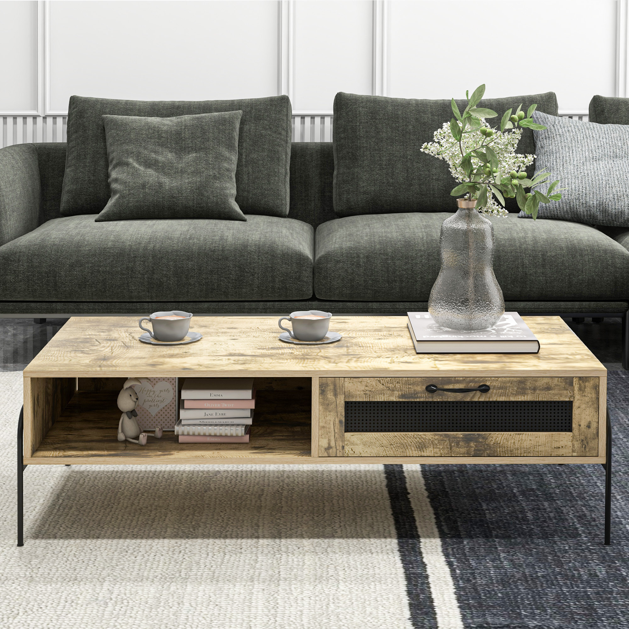 Table basse rectangulaire style industriel niche tiroir coulissant métal noir panneaux particules aspect vieux bois veinage