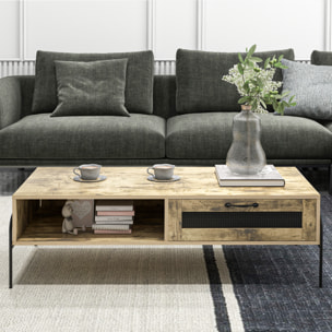 Table basse rectangulaire style industriel niche tiroir coulissant métal noir panneaux particules aspect vieux bois veinage