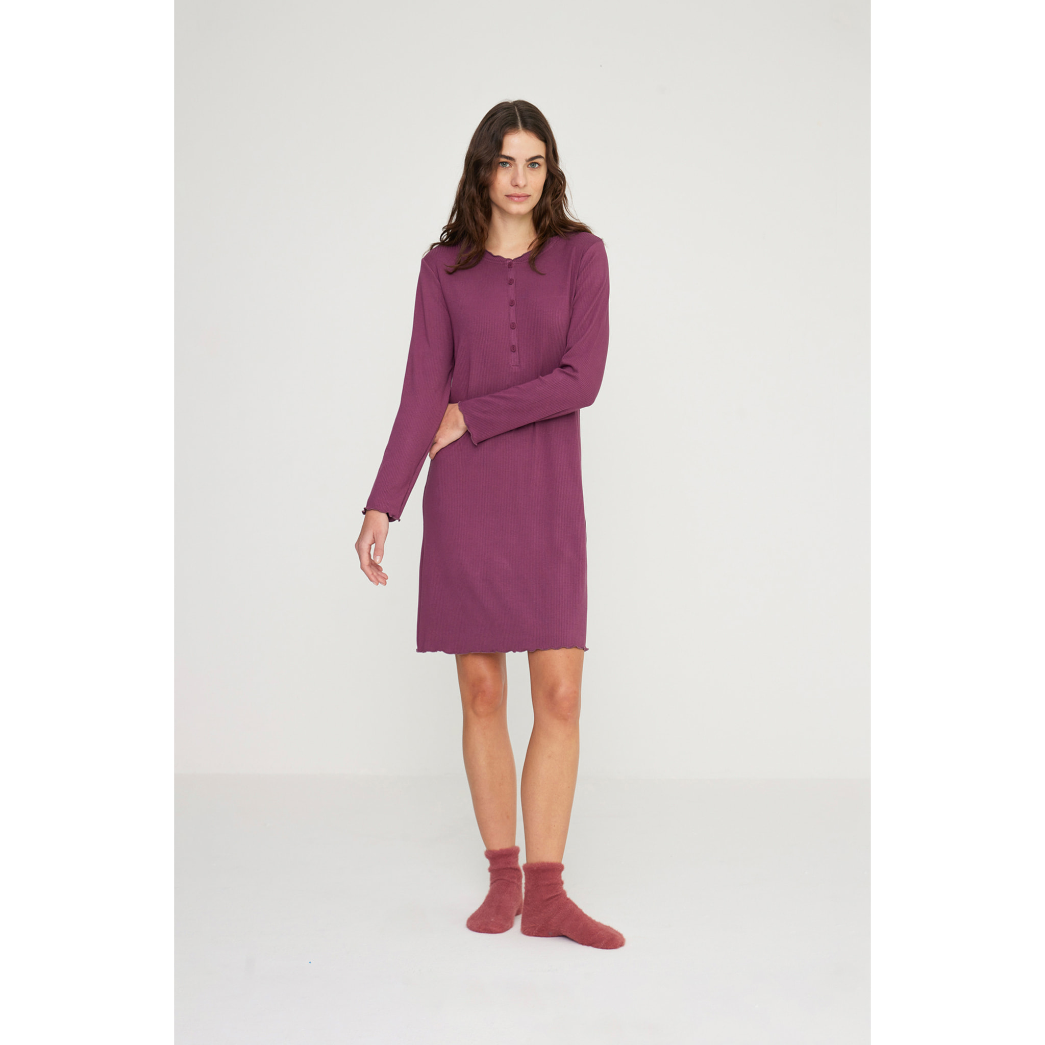 Camicia da notte donna florencia in costina di viscosa con collo a cinque bottoni Noidinotte