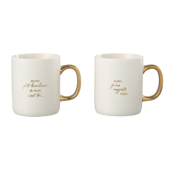 J-Line tasse Bonheur - porcelaine - blanc/or - 2 pièces