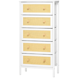 Cómoda de Dormitorio Cajonera de Estilo Bohemio con 5 Cajones de Tela Plegable Superficie de Ratán PE y Marco de Acero para Entrada Salón Pasillo 62x30x126,5 cm Blanco