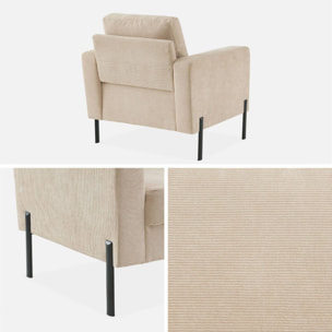 Fauteuil en velours côtelé beige - Bjorn - Canapé 1 place fixe droit pieds métal