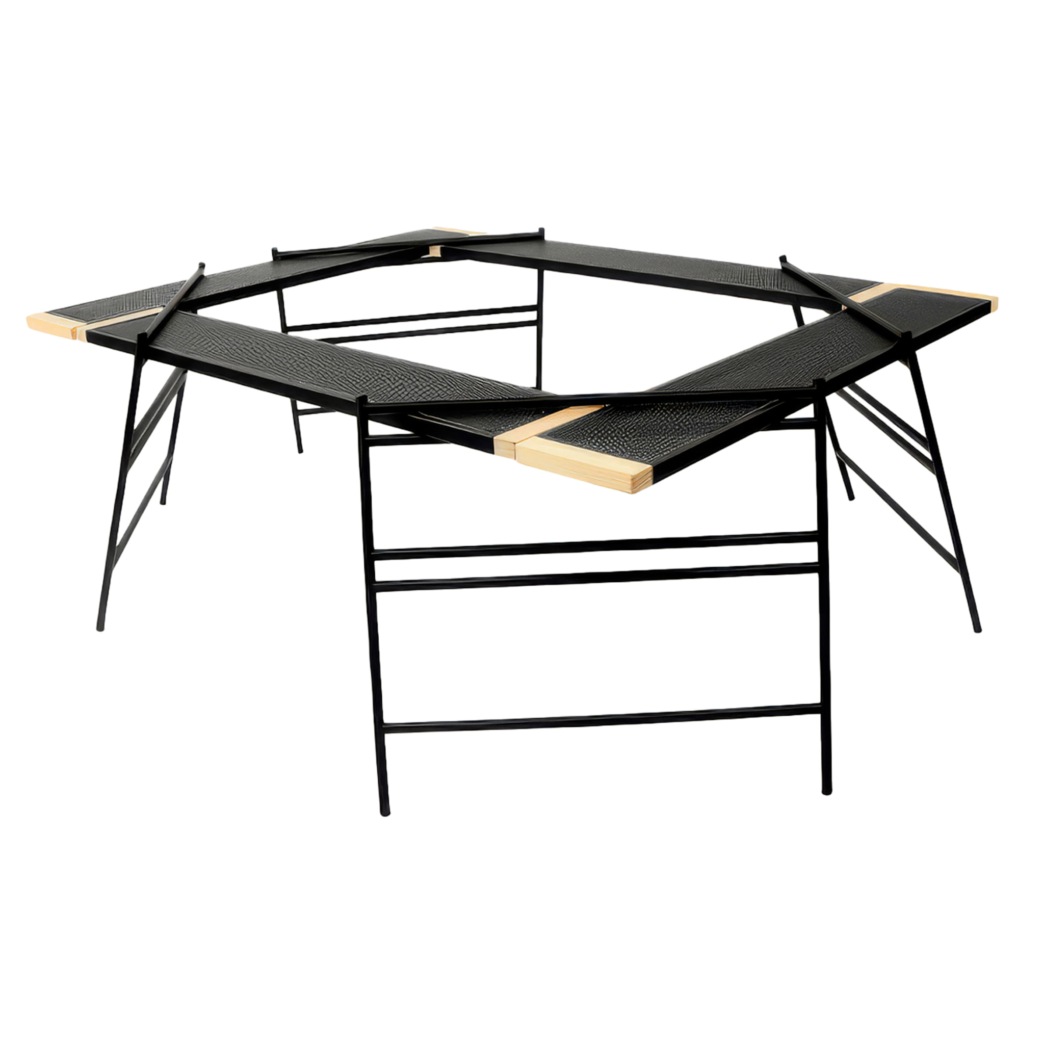 Mesa modular T2 plegable y resistente con estructura de hierro, esquinas de haya, múltiples configuraciones de montaje y funda de transporte incluida.