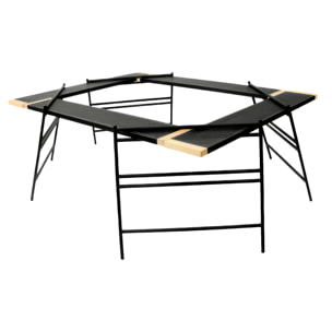 Mesa modular T2 plegable y resistente con estructura de hierro, esquinas de haya, múltiples configuraciones de montaje y funda de transporte incluida.