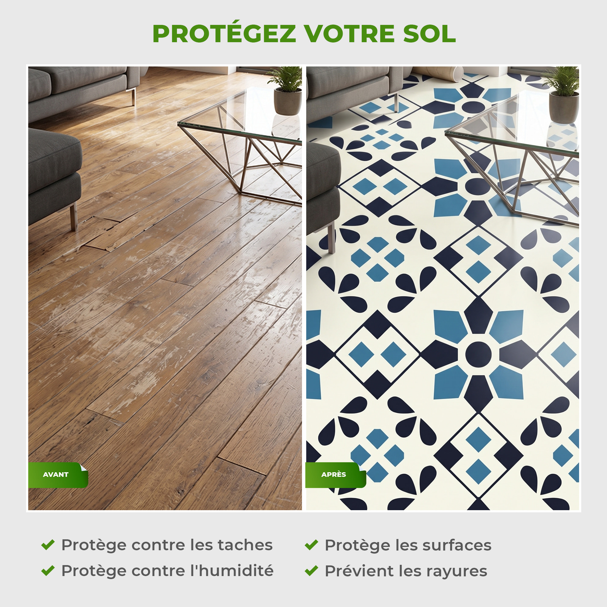 Sticker Sol avec laminat de Protection en Plastique Anti-dérapant | Stickers adhésif Sol - CARREAUX DE CIMENT SOL KARINA - 1 sticker