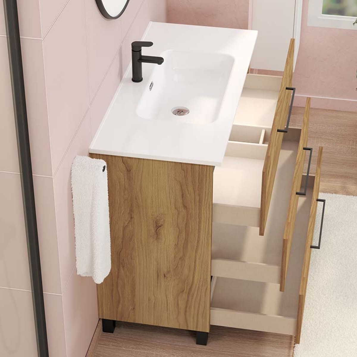 Ensemble De Salle De Bain Haru | Meuble De Salle De Bain Avec Pieds | 100 Cm Teka| 3 Tiroirs | Vasque Ceramique | N'Inclut Pas Miroir | Alday