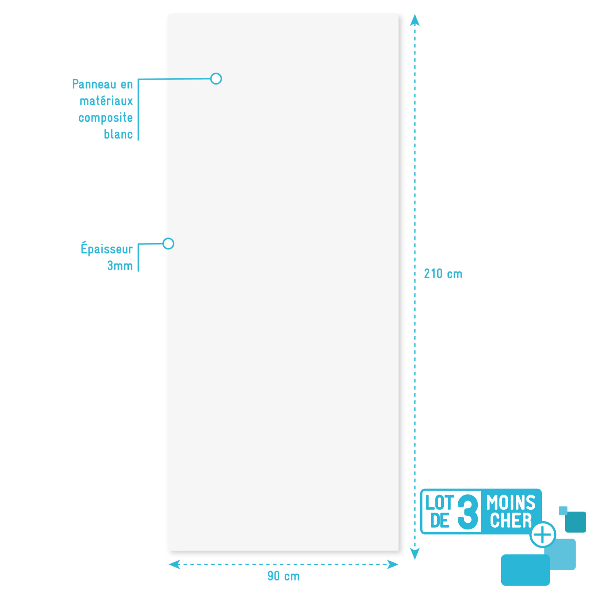 LOT de 3 Panneaux Muraux pour salle de bains en Aluminium Blanc - 90x210cm - WALL'IT