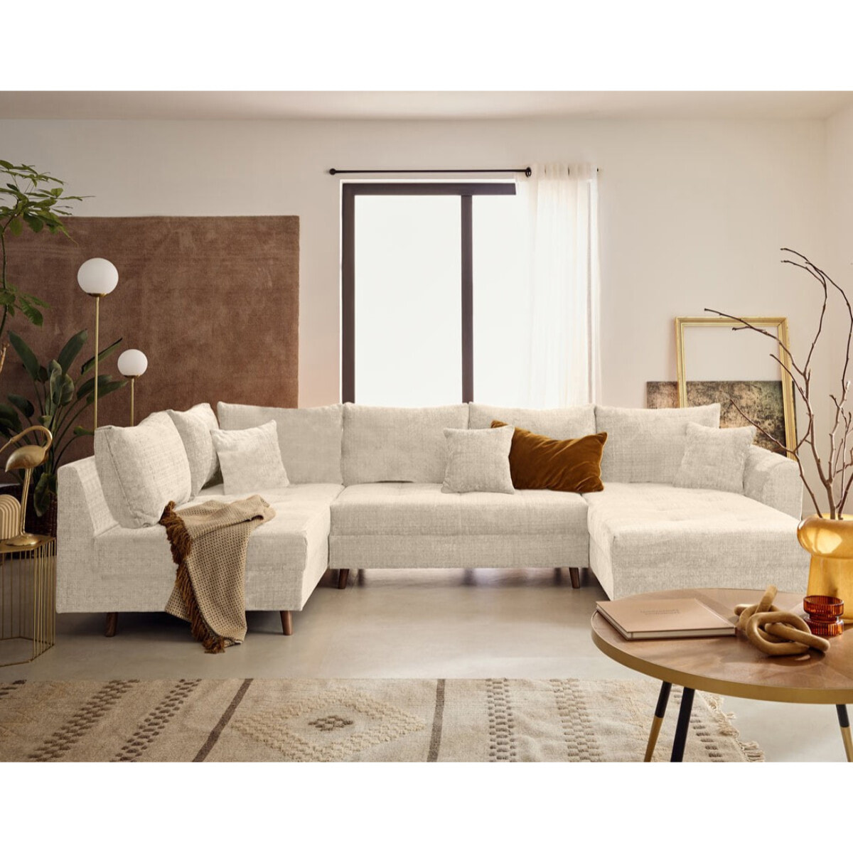 Rune - canapé panoramique d'angle gauche 7 places en velours texturé - Beige